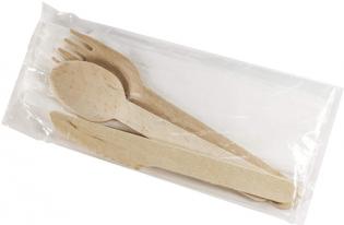 CEB04 - Kit Couteau, fourchette, cuillère, serviette en Bois - Beige